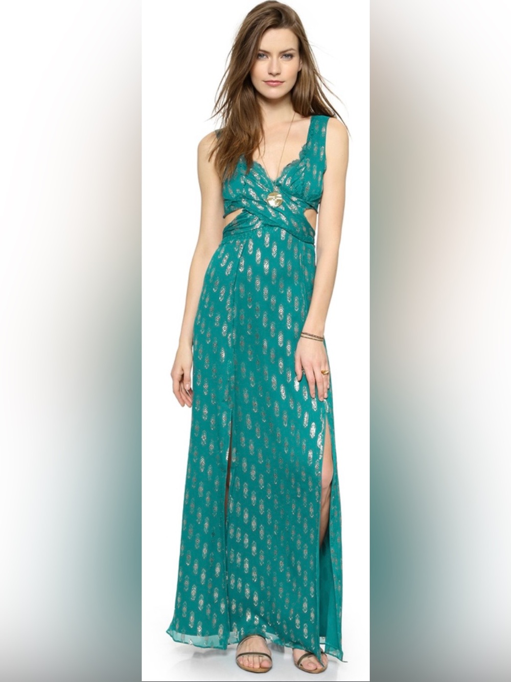 Free People Cross My Heart Teal Silk Maxi Dress with Silver Foil Ikat Print